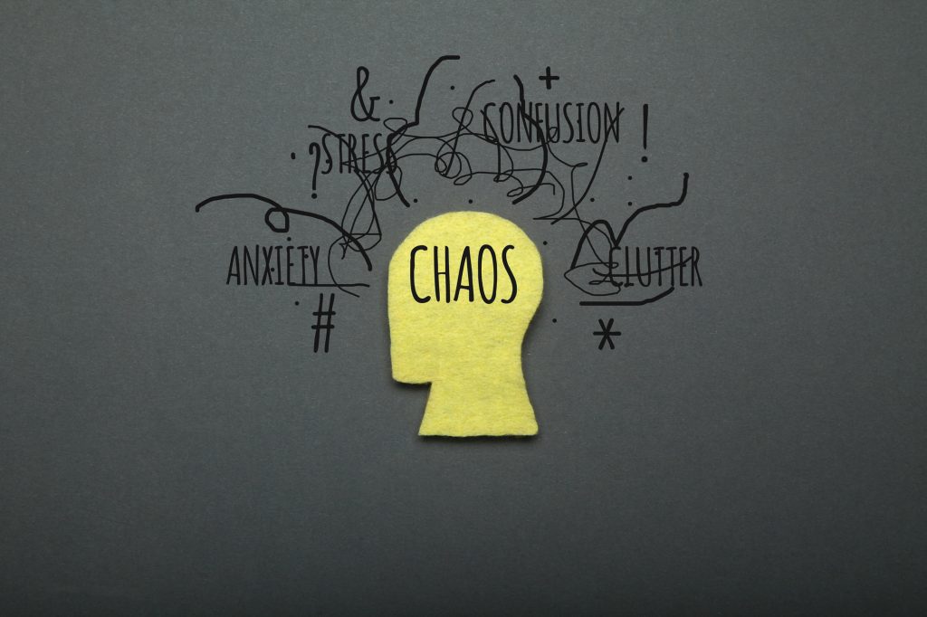 Human anxiety, brain chaos concept. Mental confusion.